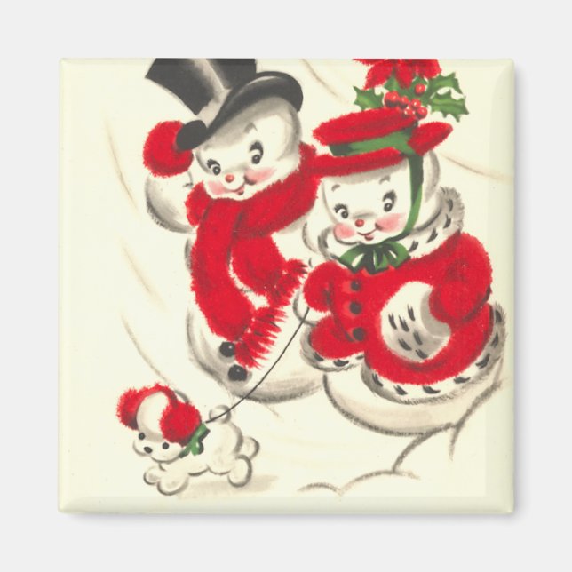 Vintage Snowman and Snowwoman Square Magnet (Front)