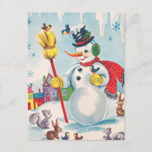 Vintage Snowman and Woodland Animals Cute Retro Holiday Postcard