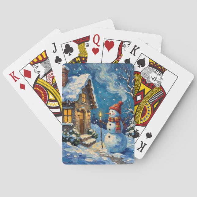 Vintage Snowman by Candlelit Christmas Cottage Playing Cards (Back)