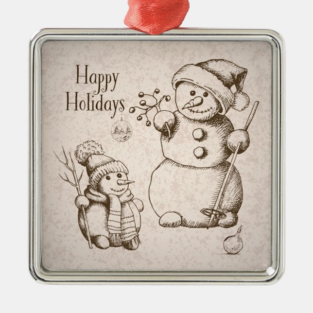 Vintage Snowman Christmas and Holiday Metal Ornament (Front)