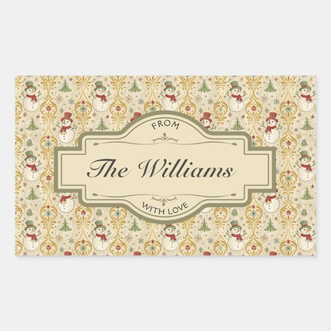 Vintage Snowman & Christmas Tree Custom Rectangular Sticker (Front)
