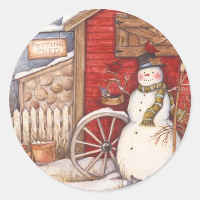 Vintage Snowman Classic Round Sticker (Front)