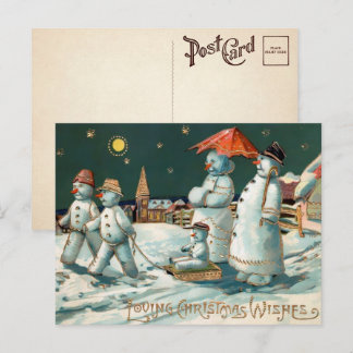 Vintage Snowman Family Christmas Postcard 