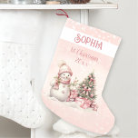 Vintage Snowman Girl Pink 1st Christmas Stocking<br><div class="desc">Cute Christmas stocking for girls with an adorable snowman and Christmas tree in blush pink with vintage vibes. Easily personalise the text. You can use it not just for 1st Christmas. :) - Kate Eden Art</div>