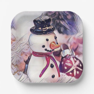 Vintage Snowman in the Snow Drawing  Paper Plate