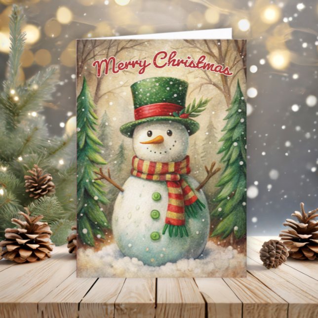 Vintage Snowman Merry Christmas Holiday Card (Snowman folded Christmas greeting card)