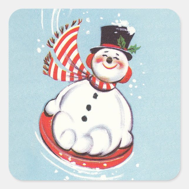 Vintage Snowman on Snow Disc Square Sticker (Front)