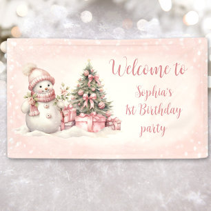 Vintage Snowman Pink Christmas 1st Birthday Banner