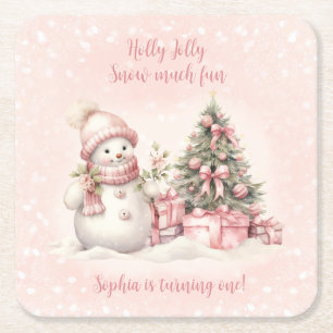 Vintage Snowman Pink Christmas 1st Birthday Square Paper Coaster