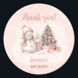 Vintage Snowman Pink Christmas Girl Baby Shower Classic Round Sticker<br><div class="desc">Cute Christmas girl baby shower stickers with an adorable snowman and Christmas tree in blush pink with vintage vibes. Easily personalise the text - Kate Eden Art</div>