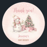 Vintage Snowman Pink Christmas Girl Baby Shower Classic Round Sticker<br><div class="desc">Cute Christmas girl baby shower stickers with an adorable snowman and Christmas tree in blush pink with vintage vibes. Easily personalise the text - Kate Eden Art</div>
