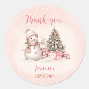 Vintage Snowman Pink Christmas Girl Baby Shower Classic Round Sticker