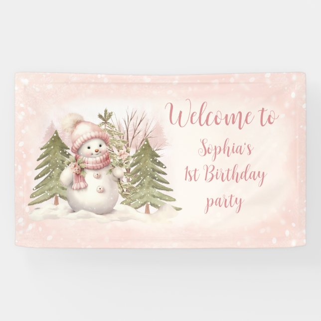 Vintage Snowman Pink Winter 1st Birthday Banner (Horizontal)