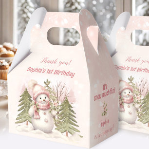 Vintage Snowman Pink Winter 1st Birthday Favour Box