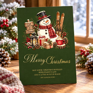 Vintage Snowman Rustic Christmas Family Name Foil Holiday Card