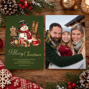 Vintage Snowman Rustic Christmas Family Photo Name Foil Holiday Card