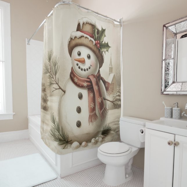 Vintage Snowman Shower Curtain (In Situ)