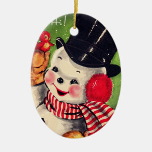Vintage Snowman with Red Bird Ceramic Tree Decoration