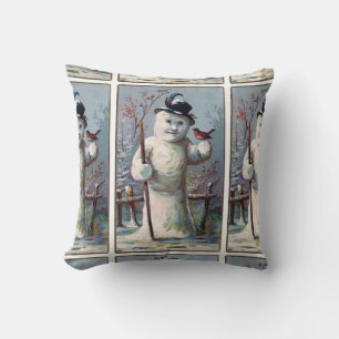 Vintage Snowman with Robin Pattern Cushion
