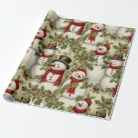 Vintage Snowmen And Holly  Wrapping Paper<br><div class="desc">Whether used to wrap presents for loved ones or to adorn gift bags, this vintage snowmen and holly leaves wrapping paper brings a touch of whimsy and nostalgia to any gift-giving occasion. Its timeless design evokes the joy of winter and the magic of the holiday season, making it a perfect...</div>