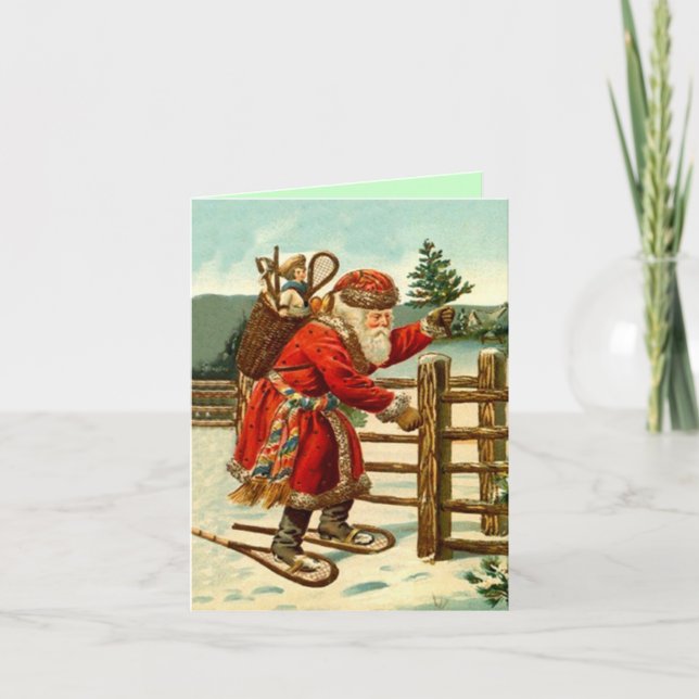 Vintage Snowshoeing Santa Christmas Holiday Card (Front)