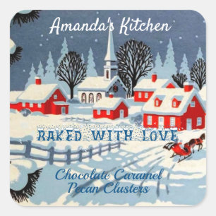 Vintage Snowy Christmas Red Houses, Church Square Sticker