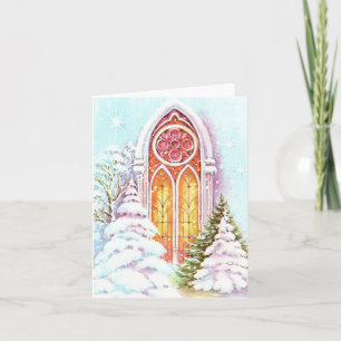 Vintage Snowy Church Window Christmas Card