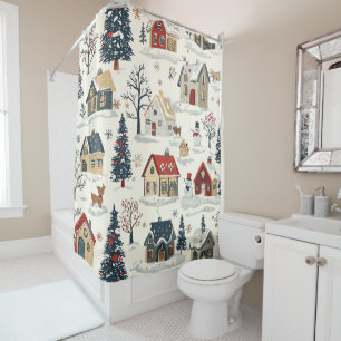 Vintage Snowy Cottages Red Navy Christmas Shower Curtain