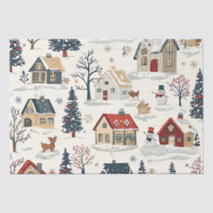 Vintage Snowy Cottages Red Navy Christmas Tissue Paper