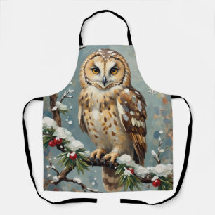 Vintage Snowy Owl with Christmas Pine Garland Art Apron