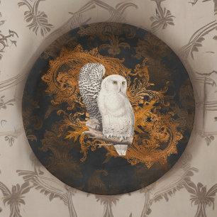 Vintage Snowy Owls on Orange Damask Halloween Paper Plate
