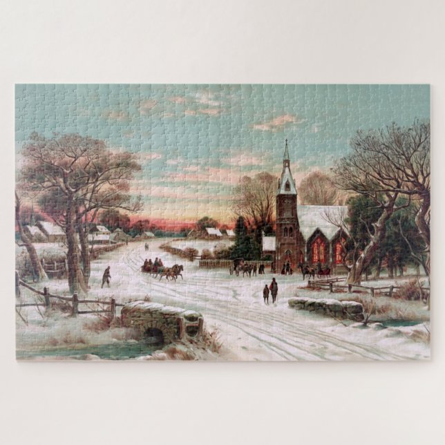 Vintage Snowy Small Town Large Puzzle (Horizontal)