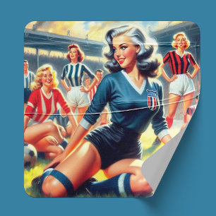 Vintage Soccer Girls Illustration Square Sticker