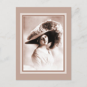 Vintage soft focus glamour lady large hat feathers postcard