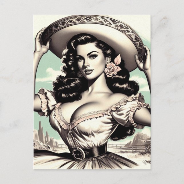 Vintage Sombrero Pin-up Postcard (Front)