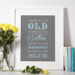 Vintage Something Blue Wedding Bridal Shower Poster<br><div class="desc">Elegant and vintage "Something old,  something new,  something borrowed,  something new" typography quote design. Display as a welcome sign at a wedding bridal shower. Colours include charcoal grey,  white and pale aqua blue.</div>