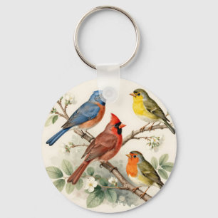 Vintage Songbird Blossom Branch Illustration Key Ring