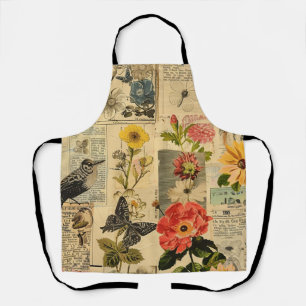 Vintage Songbird Floral Newspaper Collage Apron
