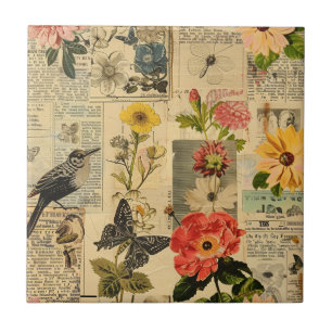 Vintage Songbird Floral Newspaper Collage Ceramic Tile