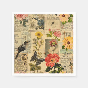 Vintage Songbird Floral Newspaper Collage Napkin