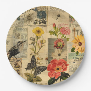 Vintage Songbird Floral Newspaper Collage Paper Plate