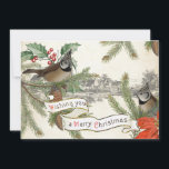 Vintage Songbird Merry Christmas Village Evergreen Holiday Card<br><div class="desc">Two European crested songbirds perch on evergreen boughs adorned with holly and poinsettia with a little town in the distance. Vintage banner reads "Wishing you a Merry Christmas."</div>