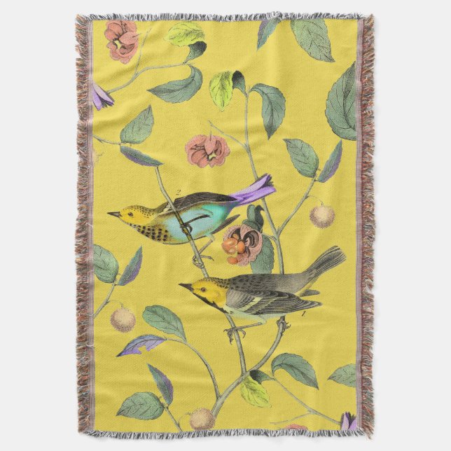 Vintage Songbird Pale Yellow Throw Blanket (Front Vertical)