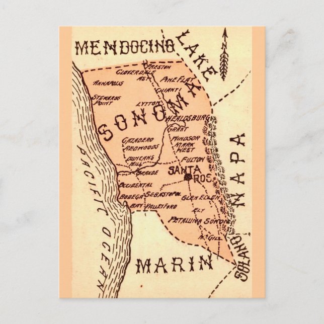 Vintage Sonom county Map Postcard (Front)
