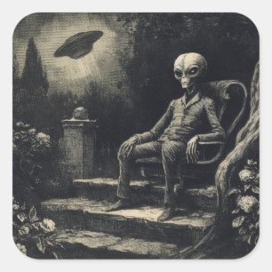 Vintage Space Alien and UFO Antique Engraving Square Sticker