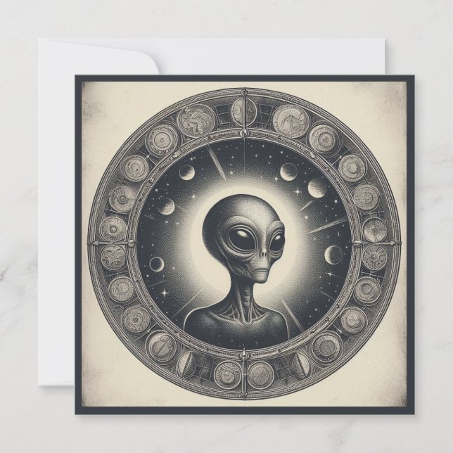 Vintage Space Alien Sci Fi Illustration UFO Card (Front)