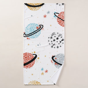 vintage Space Seamless Pattern with Doodle Saturn  Bath Towel