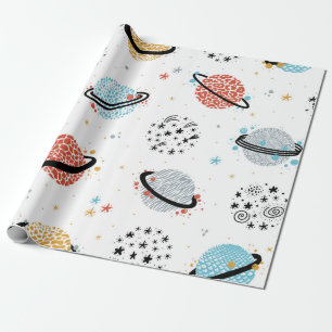 vintage Space Seamless Pattern with Doodle Saturn Wrapping Paper