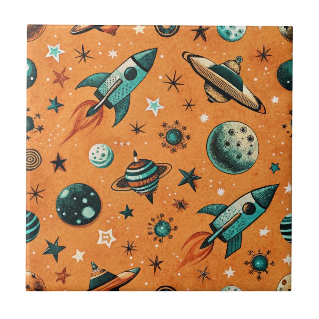 Vintage Spacecraft Rocket Ships Pattern -Cosmic Ceramic Tile (Front)