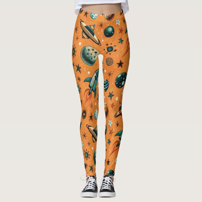 Vintage Spacecraft Rocket Ships Pattern -Cosmos(1) Leggings (Front)